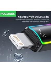 Resim Rocoren 27w Type-c To Lightning Rgb Aydınlatmalı Örgülü Şarj Ve Data Kablosu 1 Metre 