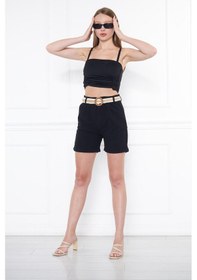 Resim Hgfashion Kadın Beli Kemerli Keten Şort Siyah Renk Siyah 