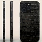 Resim 1 adet siyah timsah desenli, darbeye dayanıklı ve ses dönüştürmeli tasarımı ile deri kaplama işlemi olan iPhone 14 Pro Max için sahte deri telefon kılıfı 