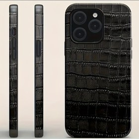 Resim 1 adet siyah timsah desenli, darbeye dayanıklı ve ses dönüştürmeli tasarımı ile deri kaplama işlemi olan iPhone 14 Pro Max için sahte deri telefon kılıfı 