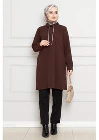 Resim Sevitli Dik Yaka Tunik-kahverengi-4455 Kahverengi 