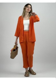 Resim Kadın Pantolonlu Alt Üst İkili Kimono Takım Rahat Kalıp Turuncu 