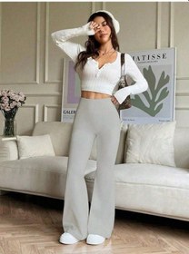 Resim Kadın Yüksek Bel Ispanyol Paçalı Pantolon Tayt Gri 