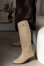 Resim POLKA STORE Daily Düz Tabanlı Tak-Çıkar Kemerli Tokalı Binici Çizme Kadın Ayakkabı Acı Kahverengi 