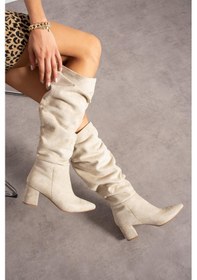 Resim Shoetek Annaliz Kadın Çizme Kalın Topuklu Körüklü Bej Süet Bej Süet 