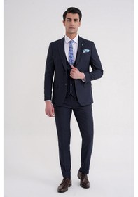 Resim Efor Slim Fit Mono Yaka Çift Yırtmaç Armürlü Esnek Yünlü Lacivert Yelekli Klasik Takım Elbise Tk 933 Lacivert 