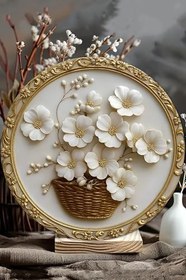 Resim Altın Detaylı Çiçek Sepetli Uv Baskılı 3D Gürünümlü Mdf Duvar Süsü - 33X33 Cm & 20X20 Dt116,Ahşap Dt116 20 X 