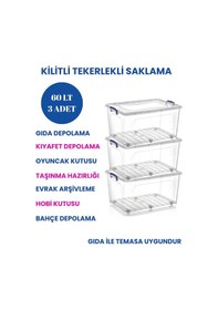Resim 60 Litre Kilitli Tekerlekli Saklama Kabı Şeffaf Gıda Depolama Kutusu, Oyuncak Kıyafet Düzenleyici ŞEFFAF 