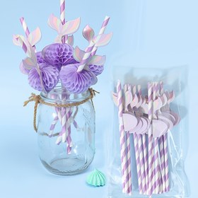 Resim 12 Adet, Denizkızı Mor Petek Kağıt Pipetler, 19.6cm Tek Kullanımlık Pipet, Küçük Denizkızı Temalı 1. Doğum Günü Süsleri, Düğün Doğum Günü Malzemeleri Yemek İçme Kağıt Pipetleri 