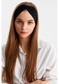 Resim Butik Çapraz Bağlamalı Kadın Bandana Saç Bandı, Kaymaz Yumuşak Esnek%100 Pamuklu Penye - Tek Ebat / Siyah Siyah 