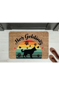 Resim Hoş Geldiniz Yazılı Köpek Figürlü Kapı Önü Paspası Dekoratif Kaymaz Taban Bej 