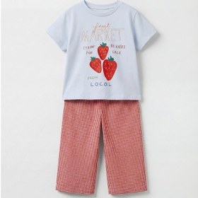 Resim Magu Kız Çocuk Pamuklu Açık Mavi Çilek Baskılı T-shirt Ve Kırmızı Pötikare Pantolon Takım - Yazlık İkili Set Çok Renkli 