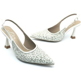 Resim Feles Gelinlik Ayakkabısı Taş Detaylı Arkası Açık Stiletto Kadın Topuklu Ayakkabı Beyaz 