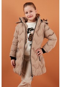 Resim Lela Peluş Astarlı Yakası Suni Kürklü Çıkarılabilir Kapüşonlu Kışlık Kız Çocuk Mont 5761905 Vizon 
