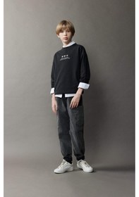 Resim DeFacto Erkek Çocuk Oversize Geniş Kalıp Bisiklet Yaka Sırt Baskılı Yıkamalı Soluk Efektli Sweatshirt D8494A825SPBK81 