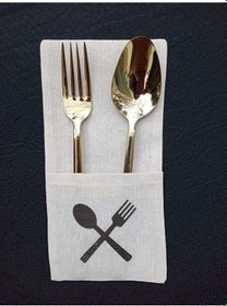 Resim 6 Adet Çatal Kaşık Baskılı Keten Kaşıklık Servis Sunum Bej 