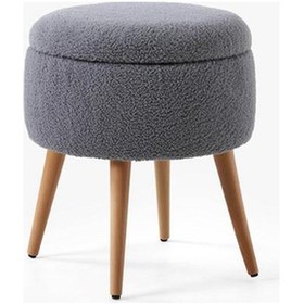 Resim Teddy Ahşap Ayaklı Sandıklı Yuvarlak Puf Makyaj Masası Pufu - Dekoratif Ayak Uzatma Pufu Gri 