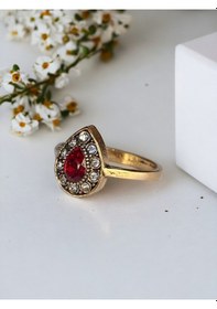 Resim Kristal Taşlı Küçük Su Damlası Yüzük Kırmızı 