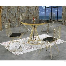 Resim Avvio Ella 4 Kişilik Siyah Mermer Görünümlü Metal Mutfak Masası Takımı-gold Tel Sandalyeli 90x90 Cm Siyah Mermer 