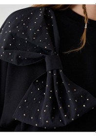 Resim Kız Çocuk Taşlı Büyük Fiyonk Detaylı Sweatshirt-14782 Siyah 