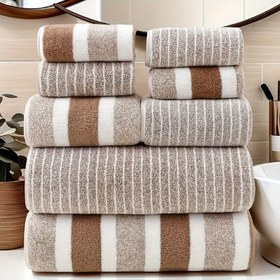 Resim 8 adet Çizgili Havlu Seti, 2 El Havlusu ve 2 Banyo Havlusu, 4 Yüz Havlusu, 8 adet Havlu, Gri ve Beyaz Çizgiler, Spa Gibi Bir Deneyim İçin, Modern Havlu Tasarımı, Mikrofiber Havlular, Yıkama Bezleri 