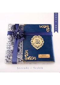 Resim Seccade + Tesbih + Kuran Hediye Seti Çanta Boy, Kadife, Lacivert, Lafzatullah 