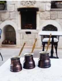 Resim Bakır Cezve Seti Çekiç Dövmeli Oksitli Bakır Renk 