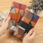Resim Vintage Esintili Kadın Uzun Cüzdan, Çok Renkli Geometrik Kabartma Tasarım, Çoklu Kart Yuvaları ile Büyük Kapasite, Çıtçıt Kapatma, Retro Tarz, Kahverengi/Turuncu/Mavi/Beyaz/Siyah Desen, Sevimli Cüzdan 