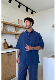 Resim Flaw Basic Oversize Kısa Kol Keten Gömlek Lacivert-26085 Lacivert 