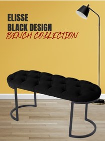 Resim Gazzini Furniture Elisse Siyah Puf Metal Ayaklı Kapitoneli Model Oval Bench 