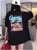 Resim Kadınlar İçin Geniş Kesim Tişört - Kısa Kollu, Bol Kesim, Manzaralı Okyanus Baskı, Günlük Yazlık Üst, Siyah- Siyah 