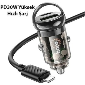 Resim Hoco Z53a Vision Pd30w Type-c + Usb Qc3.0 Girişli Araç Çakmaklık Hızlı Şarj Aleti + Type-c To Apple Uyumlu iPhone- 5775 