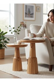 Resim ASELYA HOME Doğal Ahşap 2’li Set Mantar Yan Sehpa Modern Fiskos Zigon Çiçeklik 