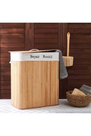 Resim Bambu Çift Hazneli Çamaşir Sepeti - Bej Açık Bej 