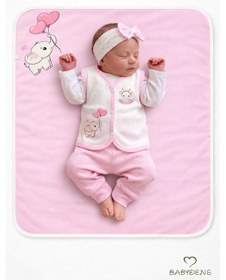 Resim BABYDEN'S Kız Bebek 3’lü Set Pamuklu Jakarlı Fil Baskılı Yelek ,Battaniye ,Saç Bandı 0-3 AY 
