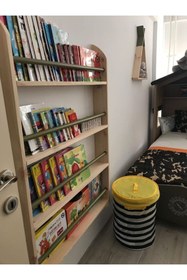 Resim MrtAhşap Montessori Kitaplık Geniş Model Yuvarlak Çıtalı (haki Yeşili) 