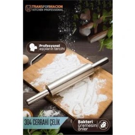 Resim Çelik Merdane - Profesyonel Hamur Açma Merdanesi - 304 Paslanmaz Çelik Mutfak Merdanesi 