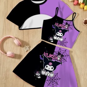 Resim Kızlar için 3D Baskılı Yuvarlak Yaka Üst, Kıvrılmış Kenarlı Küçük Tank Üst ve Sanrio'yu for kuromi Tasarımı ile Süslü Etek Seti. 