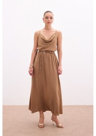 Resim Sateen Kemerli Uzun Etek - Vizon-136083 Vizon 