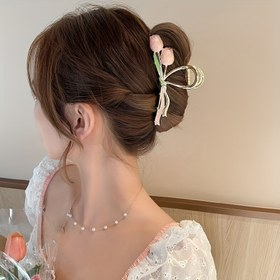 Resim Kadınlar için 1 Adet Şık Çiçekli Saç Pençesi - Kalın Saçlar İçin Pembe Lale & Yeşil Yaprak Tasarımlı Büyük Boy Güvenli Tutuşlu Topuz Klipsi, Karışık Renkler, Düğün Partileri Resmi Etkinlikler, Sevimli Saç Tokaları, Parti Saç Stili, Düğün Saç Aksesuarı, Karışık Renk Tasarımı, Sofistike Saç Parçası 