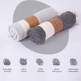 Resim %100 Pamuk Siyah-Gri Elmas Peştamal 2'li - 100x180 Cm 