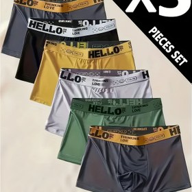 Resim 5 Adet Erkek Boxer Külot - Esnek Bel Bandı ve "HELLO" Yazılı, Çeşitli Renkler, Tüm Gün Boyu Konfor için Yumuşak Nefes Alabilen Kumaşa Sahip, Makinede Yıkanabilir 