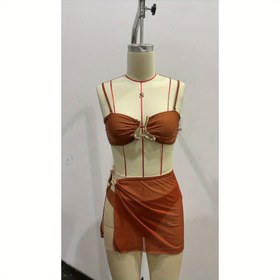 Resim Kadınlar İçin Tek Renk Tatil Stili Askısız Yan Yırtmaçlı Metalik Detaylı Kısa Etekli Plaj Bikini Üç Parça Takımı 