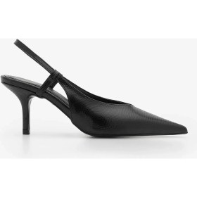 Resim Marjin Kadın Stiletto Sivri Burun Arkadan Bantlı V Yaka Kısa Ince Topuklu Ayakkabı Nogra Siyah Yılan 