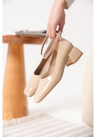 Resim Roof Atelier Arilla Bej Rugan Küt Burunlu Kadın Kısa Topuklu Ayakkabı Bej 