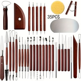 Resim 35 Parça Ahşap Saplı ve Paslanmaz Çelikli Seramik Oyma Seti - Başlangıçlar İçin Tam Kılavuzlu Kil Heykel Yapım Takımı (Sünger, Tel Halkalı, DIY Sanat) 