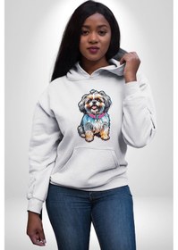 Resim Shih Tzu Renkli Köpek Kadın Erkek Beyaz Kapüşonlu Sweatshirt Hoodie Beyaz 