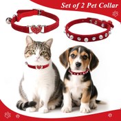Resim 2 adet Ayarlanabilir Yumuşak Kadife Sentetik Suni Deri Emniyet Kedi Kemerleri ile Parıldayan Rhinestones ve Çanlar - Küçükten Orta Boy Kediler ve Köpekler için Elastik Esnek Uyum, Kırmızı Kalp Tasarımı, Dayanıklı ve Şık Pet Kemerleri, Kedi Kemer, Pilsiz 