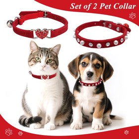 Resim 2 adet Ayarlanabilir Yumuşak Kadife Sentetik Suni Deri Emniyet Kedi Kemerleri ile Parıldayan Rhinestones ve Çanlar - Küçükten Orta Boy Kediler ve Köpekler için Elastik Esnek Uyum, Kırmızı Kalp Tasarımı, Dayanıklı ve Şık Pet Kemerleri, Kedi Kemer, Pilsiz 