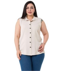 Resim Büyük Beden Gömlek Yaka Düğmeli Kolsuz Ekru Gömlek-Ekru 